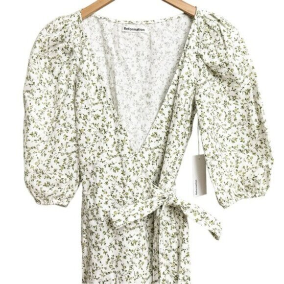 NWT Reformation Mint Floral Print Linen Wrap Midi Dress White Green - Picture 4 of 7